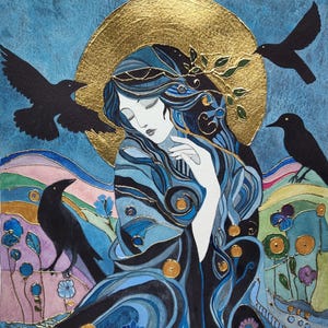 May include: A watercolor painting of a woman with long dark hair, wearing a blue and gold robe. She is surrounded by black birds and a golden halo. The background is a blue and green landscape with flowers.
