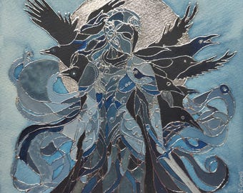 May include: A watercolour painting of a figure in blue and silver armour with a sword. The figure is surrounded by black crows and a silver moon.