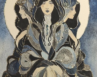 May include: A watercolour painting of a woman with three faces, each with a different expression. The woman is wearing a blue and gold robe and is surrounded by a blue and gold halo. The painting is done in a style reminiscent of Art Nouveau.