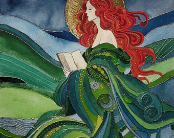 May include: A watercolour painting of a woman with long red hair reading a book. She is wearing a green robe with gold accents and is standing in a landscape of green hills and blue water. The painting has a whimsical and ethereal feel.
