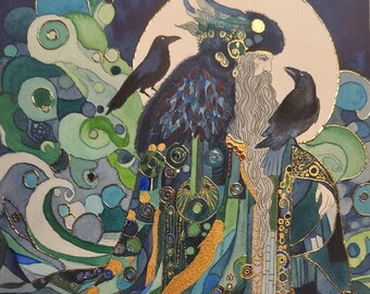 May include: A watercolour painting of a man with a long white beard and a blue and green robe. He is surrounded by swirling blue and green patterns. Two black ravens are perched on his shoulders. The painting is signed "Justine G. Cappelli".
