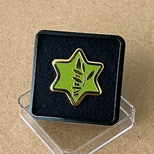 Pode incluir: Um broche dourado com uma estrela verde de seis pontas que apresenta um ramo de oliveira estilizado no seu interior. O broche está numa caixa de apresentação de plástico preto e transparente.
