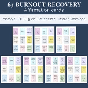 63 Burnout Recovery Affirmation Cards | Vision Board Printable | Affirmation Cards Deck | Positive Affirmation Card | Self Care Cards | PDF