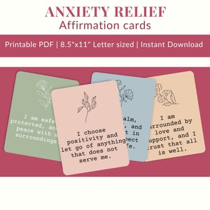 60 tarjetas de afirmación para aliviar la ansiedad, tarjetas didácticas para la ansiedad, tarjetas de afirmación digitales, tablero de visión, técnica de conexión a tierra