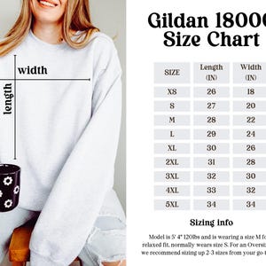 Op de afbeelding: Gildan 18000 maattabel voor sweatshirts. De tabel toont de lengte en breedte in inches voor maten XS tot 5XL. Maatadvies: Het model is 1,63 m lang en weegt 54 kg en draagt maat M voor een ontspannen pasvorm, draagt normaal maat S. Voor een oversized pasvorm raden we aan om 2-3 maten groter te kiezen dan uw gebruikelijke maat.