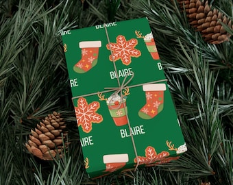 Weihnachtsgeschenkpapier, personalisierte Weihnachtsgeschenkverpackung, individueller Name Weihnachtsgeschenke, Kaffee & Kekse Weihnachtsverpackung, Strumpf Design,