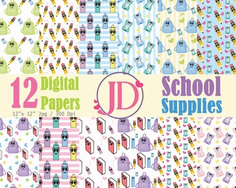 Back to School Digital Papers, School Supplies Digital Papers, Printable Digital Paper, School Digital Paper, School Printable Pattern