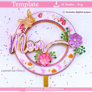 Modello di taglio per cake topper per la festa della mamma, per svg e studio, modello per cake topper a forma di mamma.