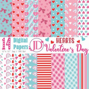 Papeles Digitales San Valentin en jpg, 14 papeles digitales similares 12x12, Lazos y Corazones San Valentin, Papeles Digitales San Valentin.