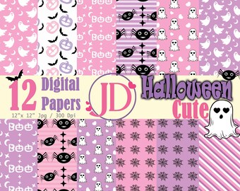 May include: Twelve digital papers featuring cute Halloween designs in pink and purple. The designs include ghosts, spiders, bats, pumpkins, and stars. The text "12 Digital Papers" and "JD Halloween Cute" is included in the image.