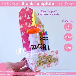 May include: A festive Christmas-themed blank template in pink and white, featuring a gold tree and crayons. The template includes the text "Blank template 2 letter-size sheets" and "Merry Christmas". It is a digital file.