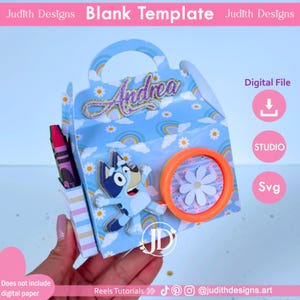Activity lunch box template for Cameo and Cricut, candy box with crayons, Play-Doh 01 oz and blank template coloring sheet.