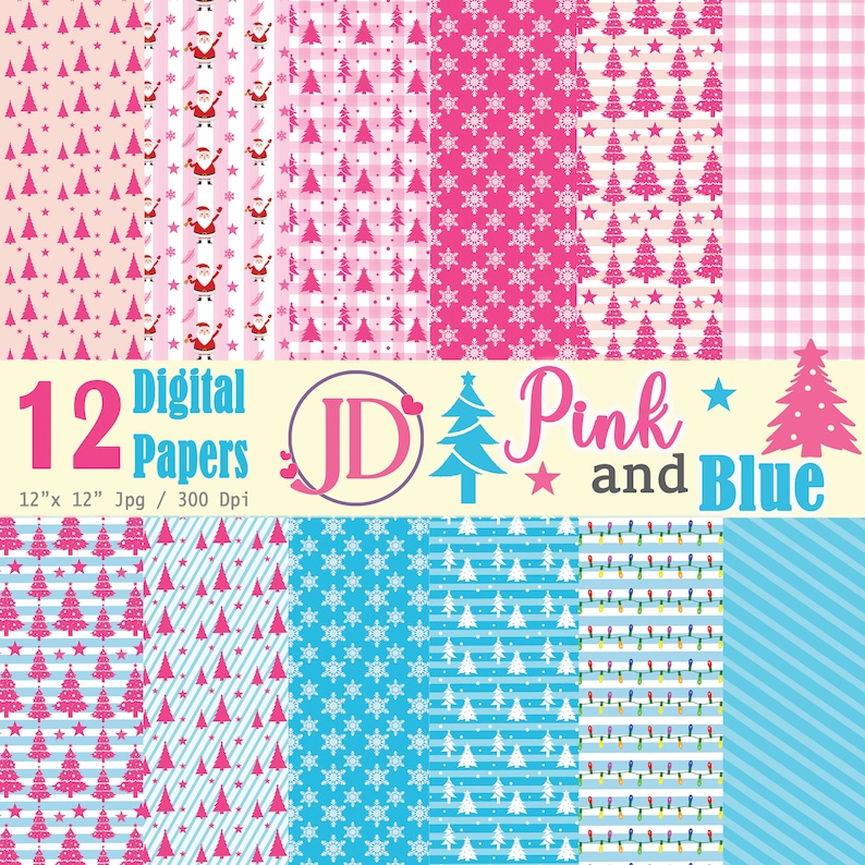 Pink and Blue Christmas Digital Paper, Christmas Digital Papers