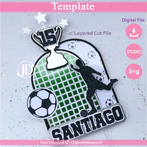 Soccer Cake Topper Svg and Studio, Cutting Template, Layered Cut, Cake topper Futbol for Cricut and Cameo with digital paper in jpg.