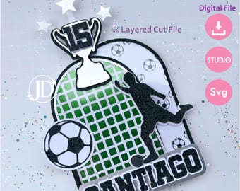 Soccer Cake Topper Svg and Studio, Cutting Template, Layered Cut, Cake topper Futbol for Cricut and Cameo with digital paper in jpg.