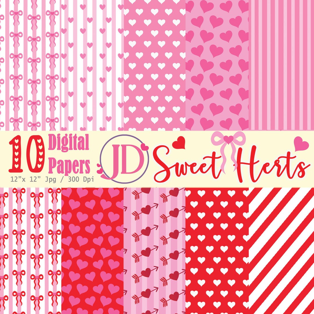 Valentine's Day Digital Paper Pack, Pink Red Hearts, Bows Papers (12x12 ...