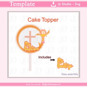 Pode incluir: Um design de topo de bolo com uma cruz, um c&aacute;lice e as palavras "My Baptism" em uma fonte decorativa. Inclui um elemento separado "Mi Bautizo". O design &eacute; laranja e amarelo, com o texto "Easy assembly".