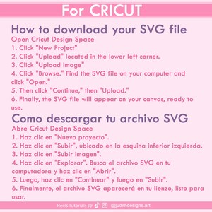 Pode incluir: Gr&aacute;fico rosa com instru&ccedil;&otilde;es sobre como baixar um arquivo SVG para Cricut. O texto est&aacute; em ingl&ecirc;s e espanhol, com etapas numeradas para fazer o upload do arquivo. As m&iacute;dias sociais tamb&eacute;m est&atilde;o inclu&iacute;das.