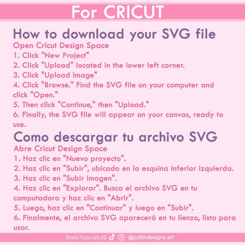 Pode incluir: Gr&aacute;fico rosa com instru&ccedil;&otilde;es sobre como baixar um arquivo SVG para Cricut. O texto est&aacute; em ingl&ecirc;s e espanhol, com etapas numeradas para fazer o upload do arquivo. As m&iacute;dias sociais tamb&eacute;m est&atilde;o inclu&iacute;das.
