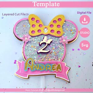Cricut および Cameo 用のピンクのミニー ケーキ トッパー テンプレート、Studio 用のレイヤー カット ファイル、カスタム番号付き SVG の即時ダウンロード。