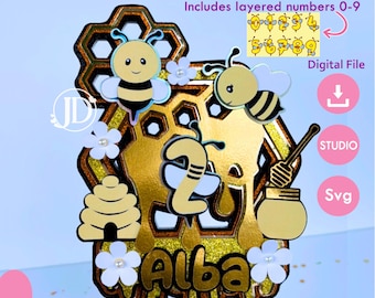 Bee Cake Topper for Cricut and Cameo, Cake Topper Template Bee, Layered Bee Cake Topper SVG and Studio.