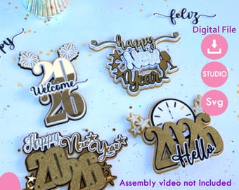 Modelo de topo de bolo Feliz Ano Novo 2026, 4 modelos de topos de bolo, arquivos para Cricut e Cameo, download instantâneo.
