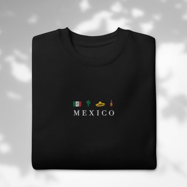 Sudadera bordada de México, cuello redondo, bandera, sombrero mariachi, ají picante, cactus, cinco de mayo, día de los muertos