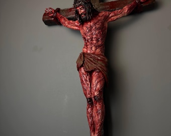 Crucifijo de Jesús – La Pasión de Cristo, Obra de arte realista de resina pintada a mano / Escultura cristiana original