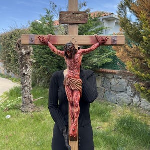 Handmade Jesus Crucifix – Realistically Painted – Walnut Wood Cross – Catholic Wall Art – Christian Religious Gift