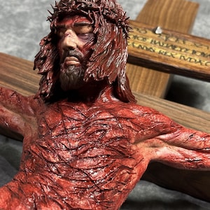 Handmade Realistic Crucifix, Walnut Wood Cross – 3D Jesus Figure – Catholic Wall Art – Passion of Christ – Religious Gift