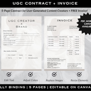 Professional UGC Creator Contract Template, UGC Template, UGC Contract, User Generated Content, Ugc invoice, Canva Template