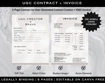 Professional UGC Creator Contract Template, UGC Template, UGC Contract, User Generated Content, Ugc invoice, Canva Template