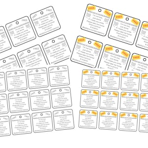 Puede incluir: Un conjunto de etiquetas blancas y amarillas con la palabra "FREE" en la parte superior. Cada etiqueta contiene texto sobre un acto aleatorio de amabilidad con ganchillo, animando a compartir e incluyendo un llamado a la acción. Las etiquetas tienen un pequeño agujero.