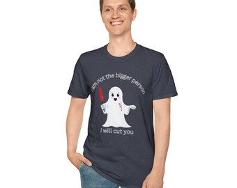 May include: Navy blue t-shirt with a cartoon ghost holding a bloody knife. The text on the shirt says "I am not the bigger person, I will cut you."