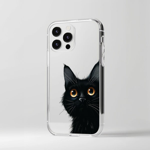 Cute Curious Black Cat IPhone Phone Case 14,13,12,11 Transparent Phone Case Gift Idea for, 7 & 6 Samsung S22 S21, Google Pixel