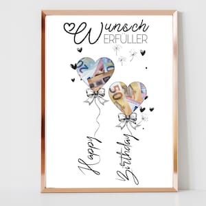 Pode incluir: Um cartão branco com moldura dourada apresentando dois balões em forma de coração cheios de dinheiro. O texto "Wunsch Erfüller" está no topo do cartão, e o texto "Happy Birthday" está escrito diagonalmente no lado direito do cartão.