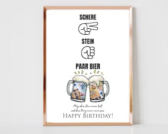 May include: A white card with black text and a cartoon image of two beer mugs filled with money. The text reads "SCHERE, STEIN, PAAR BIER" and "Moge deir Bier immer kalt und deir Hery immer warm sein. HAPPY BIRTHDAY!"