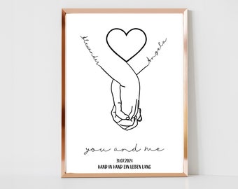 Wedding gift personalized with name date wedding picture hand in hand bride and groom couple, anniversary Valentine's Day wedding anniversary JGA gift