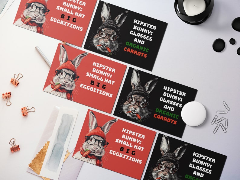 12 Niedliche Hasen Ostergrußkarten, druckbare JPG-Karte, digitaler Download, Frohe Ostern Hase Osterkarte, süße Karte, Hipster, lustig, Eier Bild 3