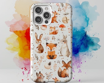 Süße Tiere Fuchs, Hase, Waldtiere Cartoon Muster Handyhülle für IPhone 15, 14, 13, 12, 11, Handytasche für I Phone Samsung Galaxy Google