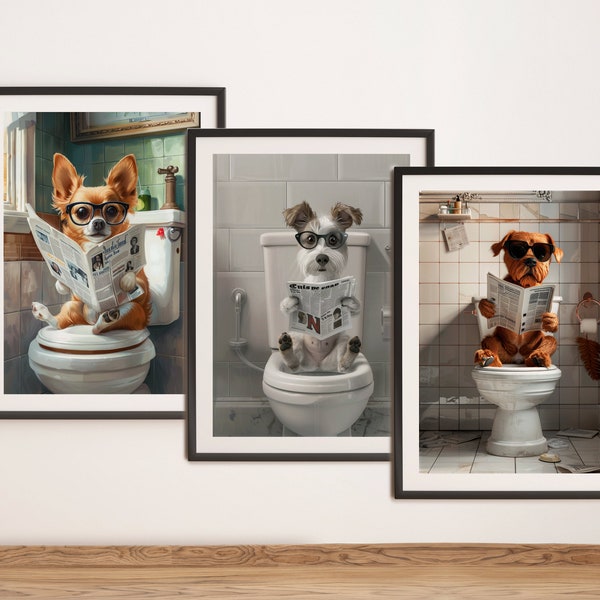 Dog Sitting on the Toilet Reading a Newspaper, Set of 3, Funny Bathroom Wall Decor, Animal Humor Prints, Home Printables, AI Created