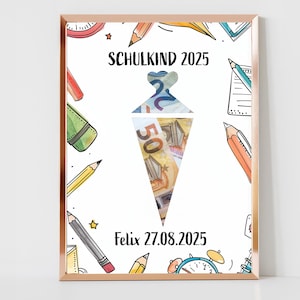 Gepersonaliseerd cadeau voor de inschrijving op school voor jongens en meisjes, cadeau voor start schoolgeld, schoolkegel, wensvervuller, download schoolkind 2025