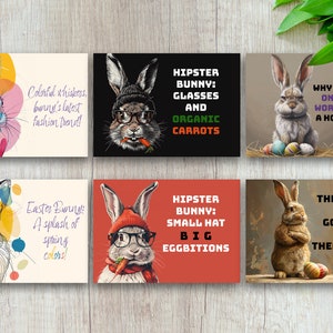 12 Niedliche Hasen Ostergrußkarten, druckbare JPG-Karte, digitaler Download, Frohe Ostern Hase Osterkarte, süße Karte, Hipster, lustig, Eier Bild 1