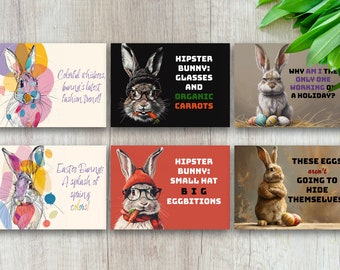 12 Cute Bunnies Easter Greeting Cards, Printable JPG Card, Digital Download, Happy Easter Bunny Easter Card, Cute Card, Hipster, Funny, Eggs