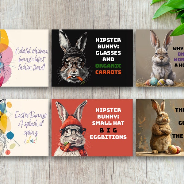 12 Cute Bunnies Easter Greeting Cards, Printable JPG Card, Digital Download, Happy Easter Bunny Easter Card, Cute Card, Hipster, Funny, Eggs
