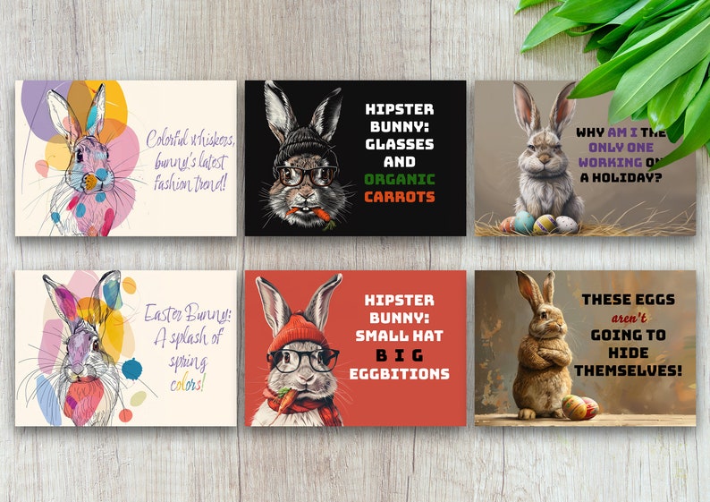 12 Niedliche Hasen Ostergrußkarten, druckbare JPG-Karte, digitaler Download, Frohe Ostern Hase Osterkarte, süße Karte, Hipster, lustig, Eier Bild 1