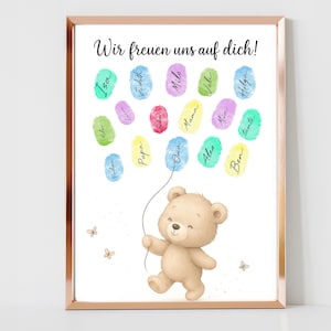 Gästebild Babyparty Fingerabdruck Fingerabdrücke Teddybär Junge Mädchen  Gästebuch Gastgeschenk Baby | Poster Geburt Leinwand Gender Reveal