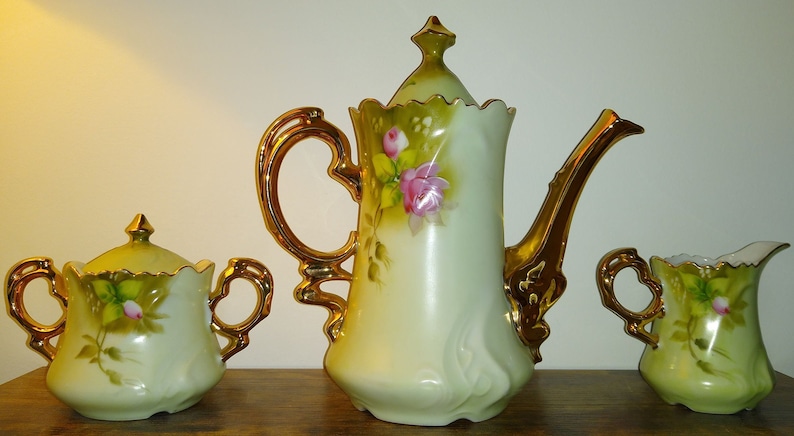 Vintage Porcelain Lefton Green Heritage Rose Teapot 3065 Creamer and ...