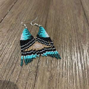 Two-tone Southwest Turquoise, Black, and Gold Fringe Beaded Earrings