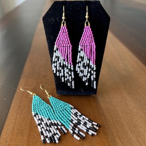 Turquoise or Pink Cow Print Earrings, Fringe Beaded Earrings